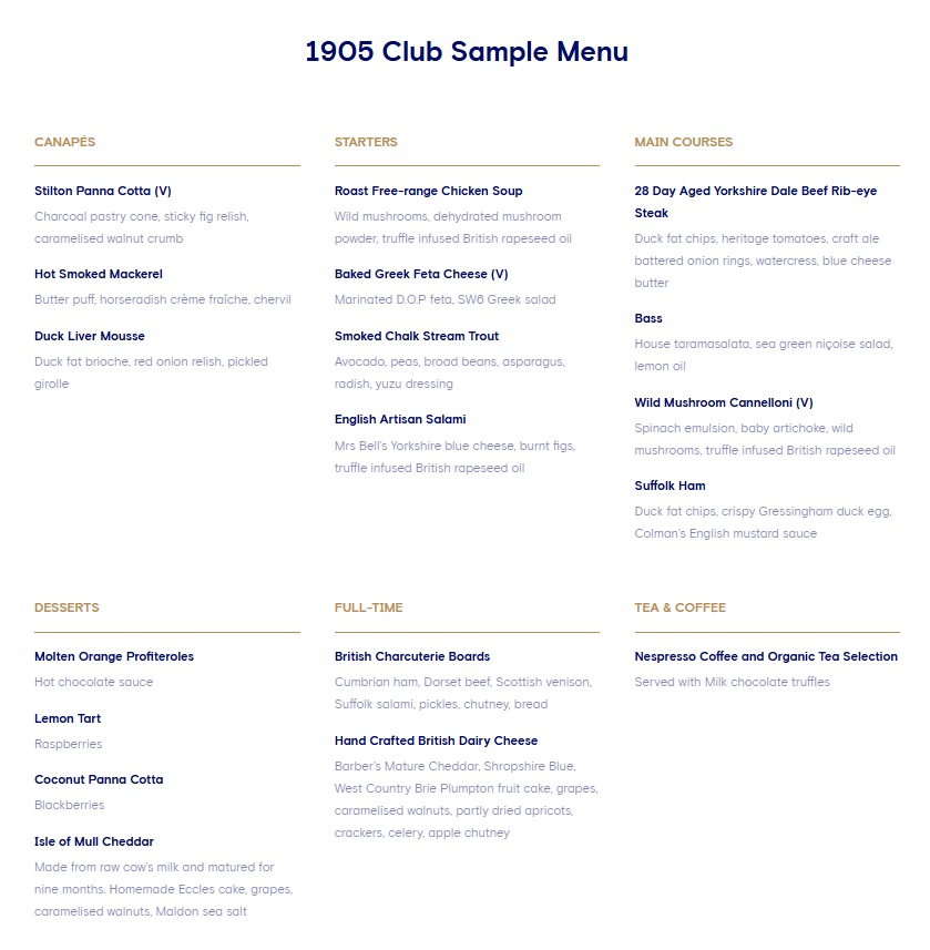 1905 Rose and Ball Hospitality Sample Food Menu at Chelsea FC