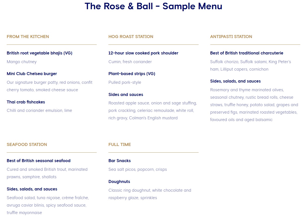 Rose and Ball Hospitality Food Menu Sample at Chelsea FC