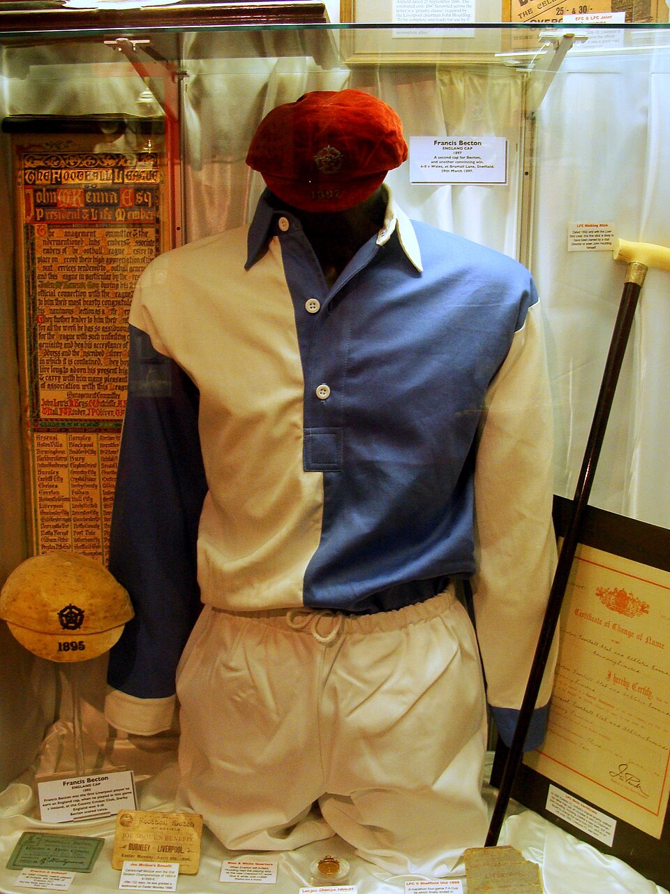 First Liverpool FC kit (1892-96) displayed at Liverpool FC Museum