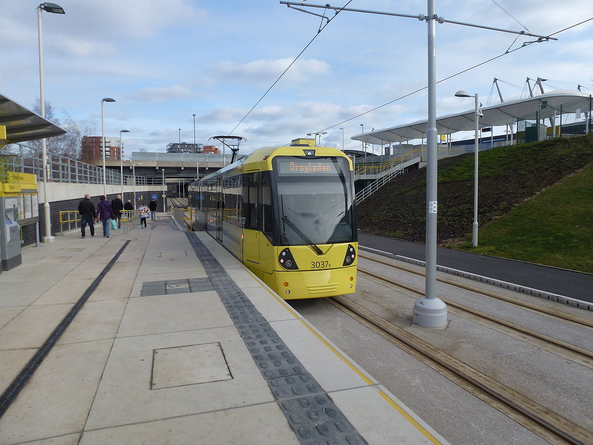 Metrolink tram 3037 at Etihad Campus station, Manchester