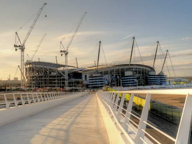 Etihad Stadium seen from the campus footbridge, March 2015