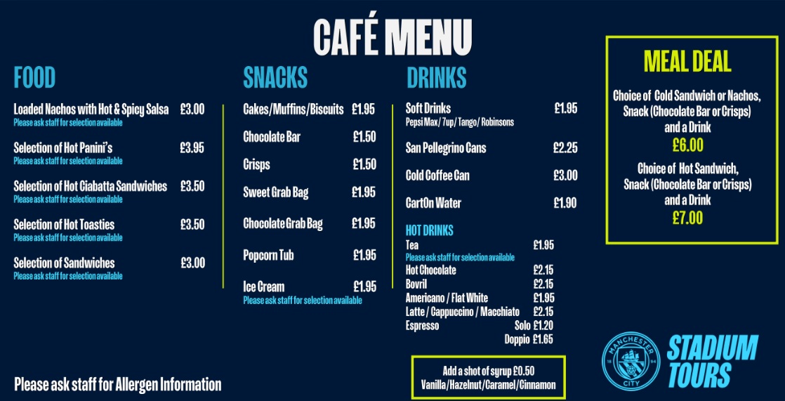 The Cafe at Manchester City Sample Food Menu