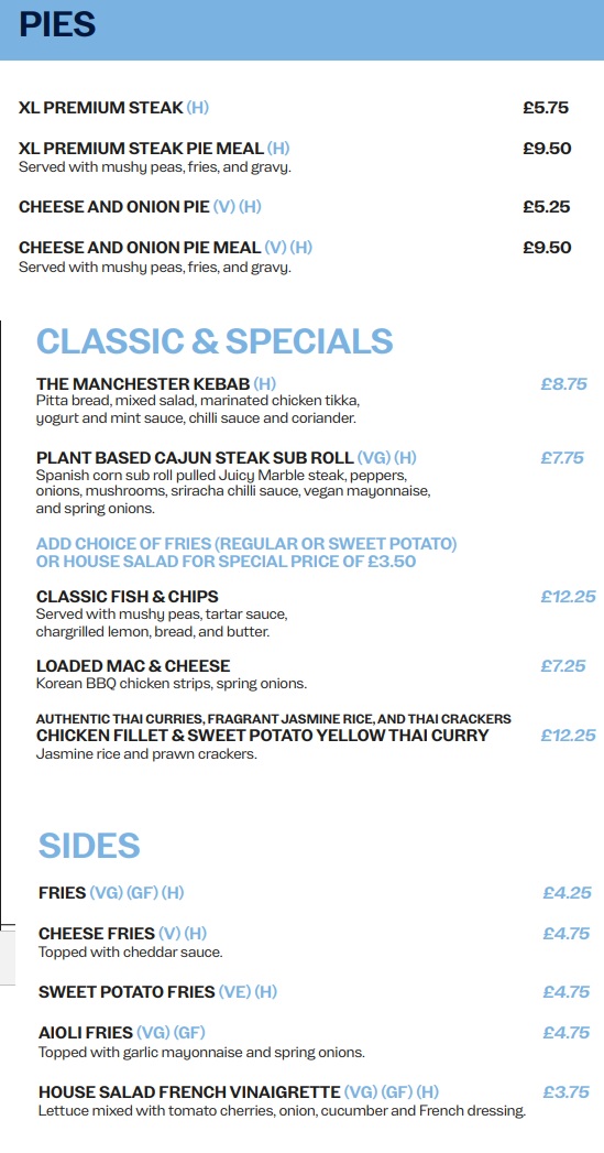 Commonwealth Bar Hospitality at Manchester City Sample Menu