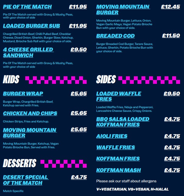 The Kits Bar Hospitality at Manchester City Sample Food Menu