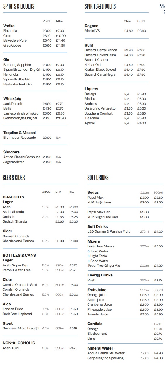 Managers Corner Hospitality at Manchester City Sample Drink Menu