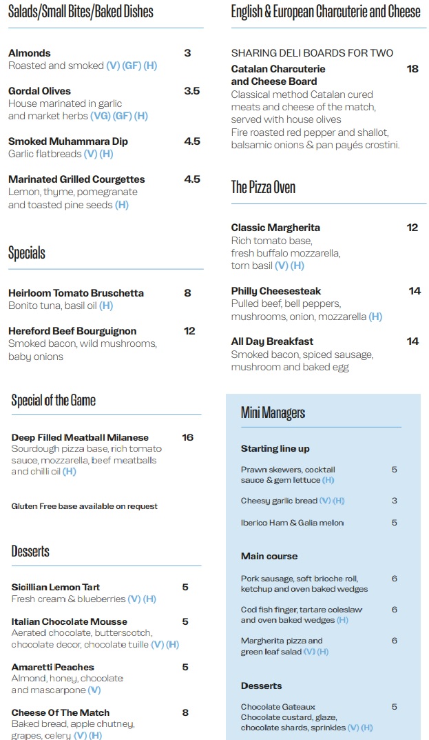 Managers Corner Hospitality at Manchester City Sample Food Menu
