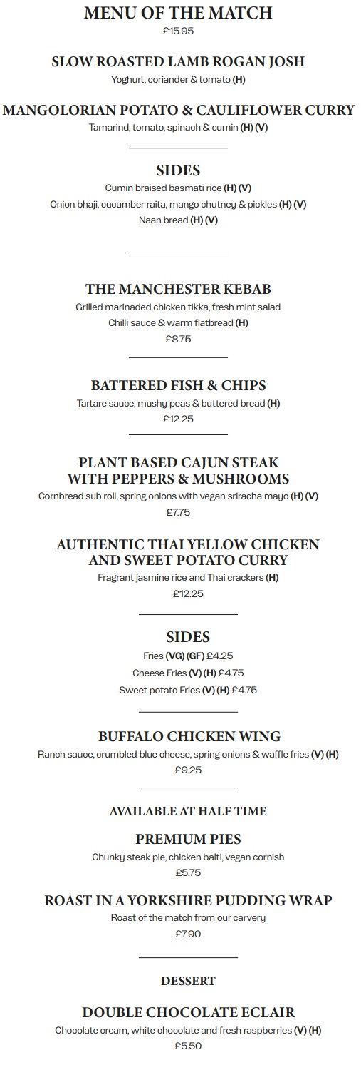 The Ardwick Pub Hospitality at Manchester City Sample Food Menu