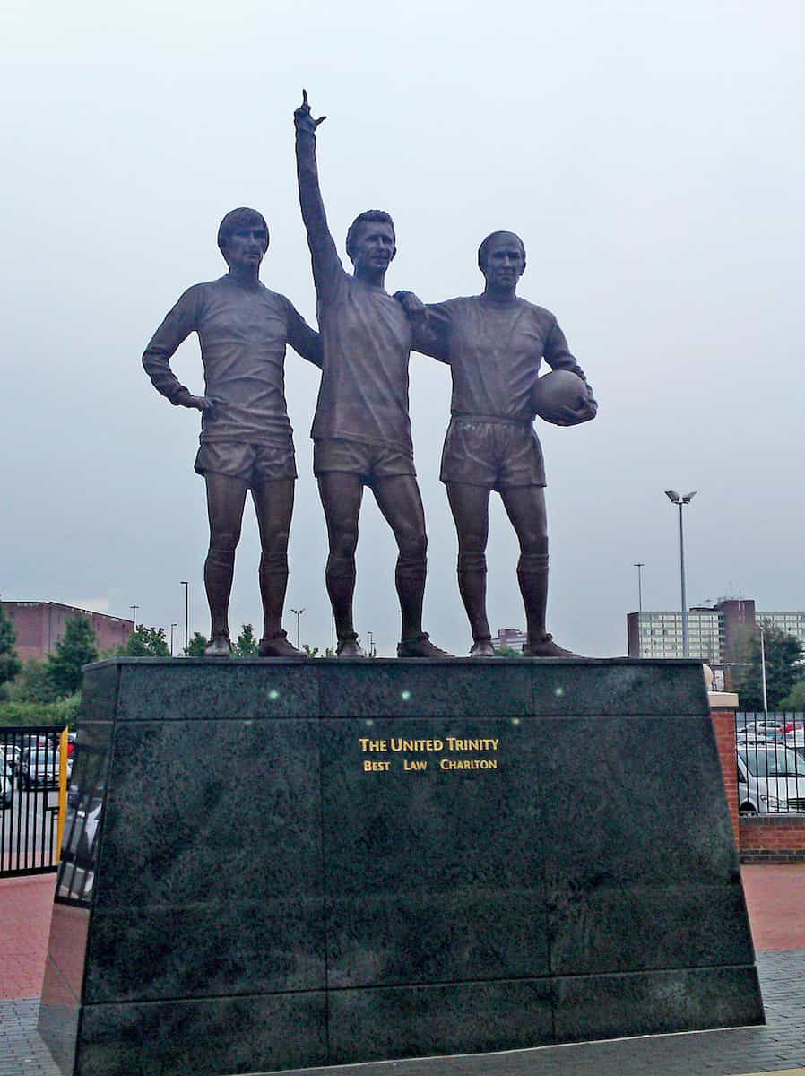 The United Trinity statue (George Best, Denis Law and Bobby Charlton) outside Old Trafford